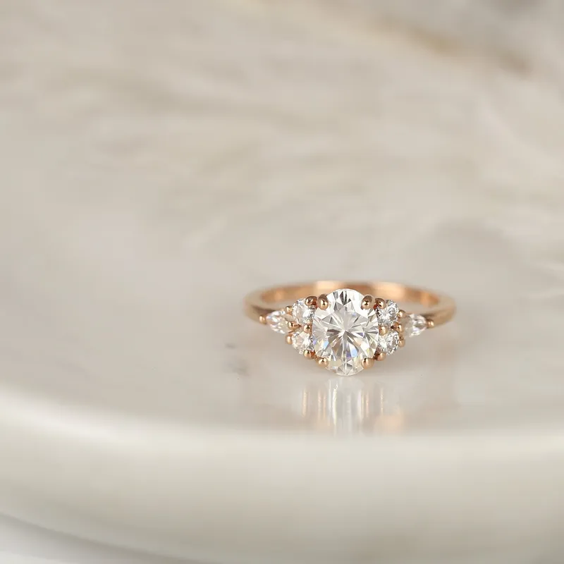 1.50ct Thea 8x6mm 14kt Rose Gold Moissanite Diamond Unique Cluster Ring vy 3