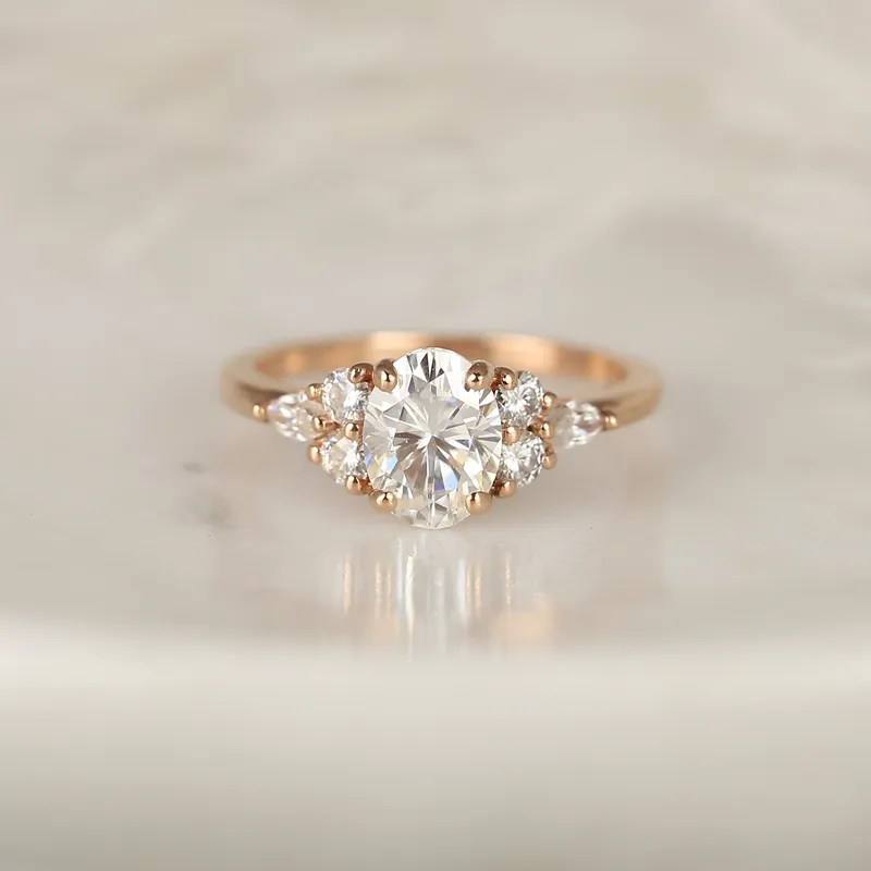 1.50ct Thea 8x6mm 14kt Rose Gold Moissanite Diamond Unique Cluster Ring vy 2