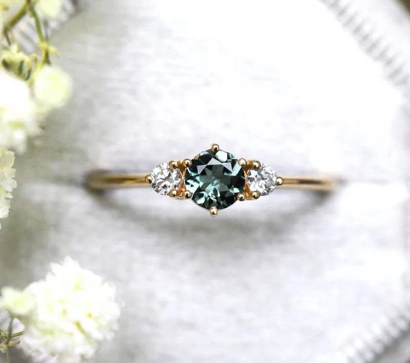 Three-Stone Mint Tourmaline And Diamond Engagement Ring view 10