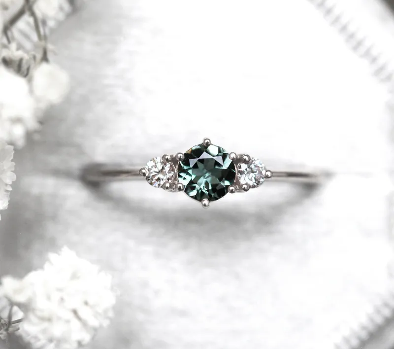 Three-Stone Mint Tourmaline And Diamond Engagement Ring view 11