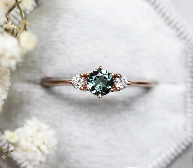 Three-Stone Mint Tourmaline And Diamond Engagement Ring view 2