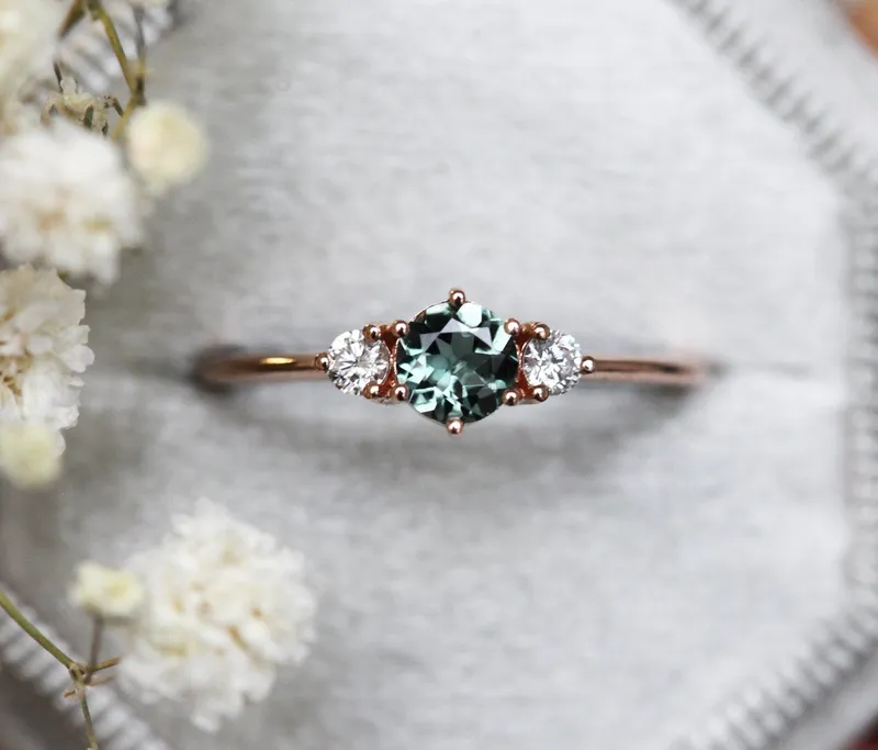 Three-Stone Mint Tourmaline And Diamond Engagement Ring view 4