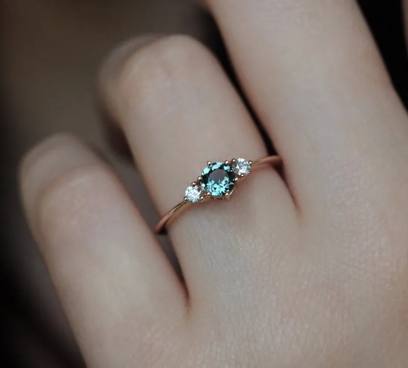 Three-Stone Mint Tourmaline And Diamond Engagement Ring view 5