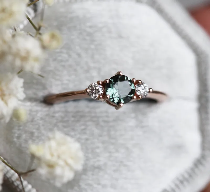 Three-Stone Mint Tourmaline And Diamond Engagement Ring view 6