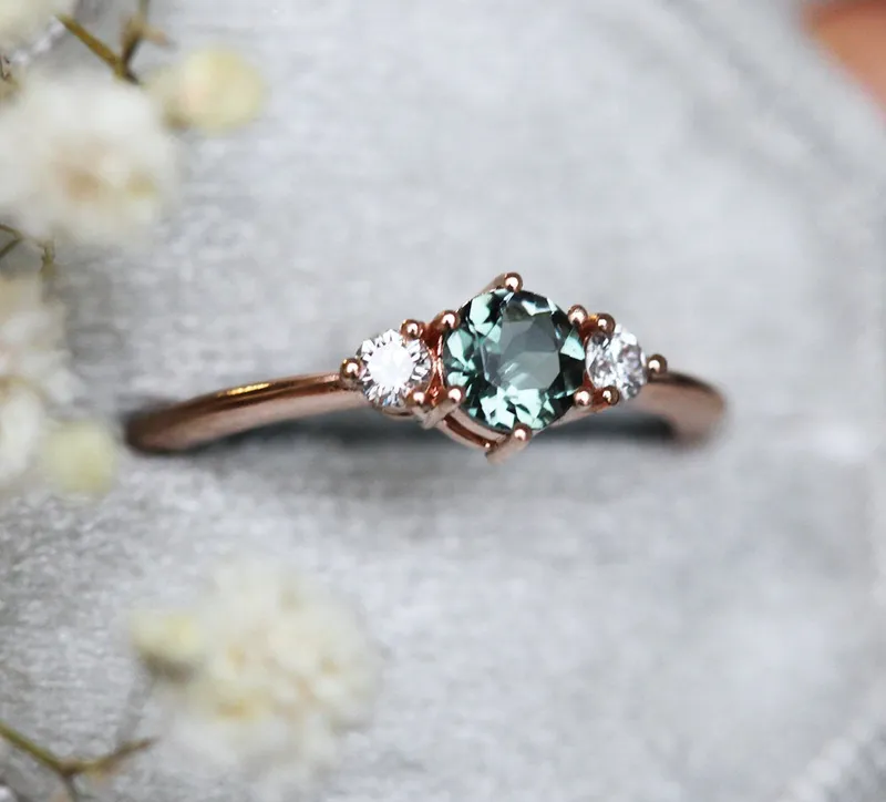 Three-Stone Mint Tourmaline And Diamond Engagement Ring view 7