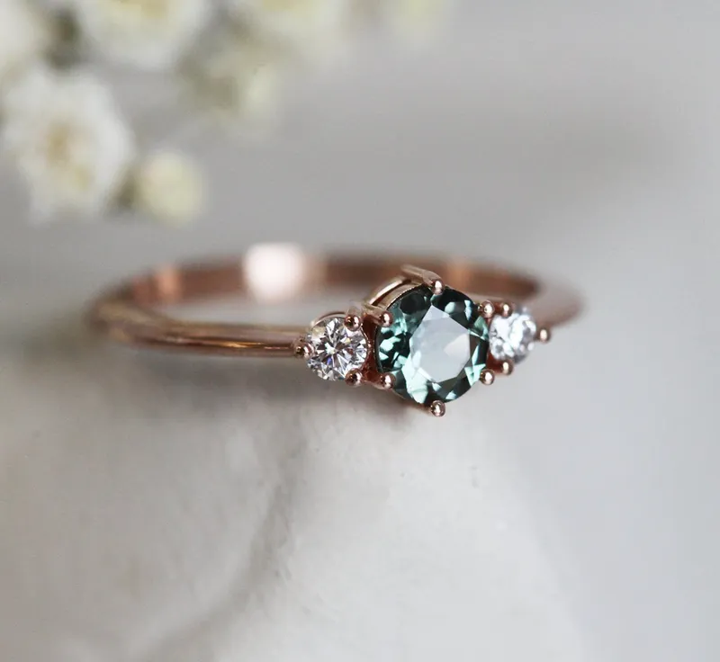 Three-Stone Mint Tourmaline And Diamond Engagement Ring view 8
