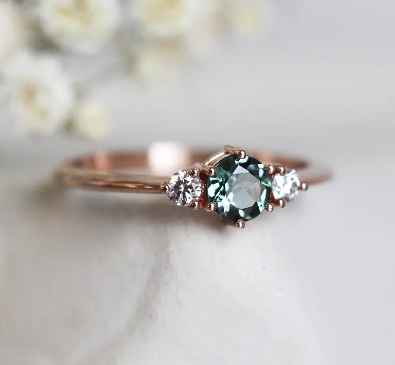 Three-Stone Mint Tourmaline And Diamond Engagement Ring view 9