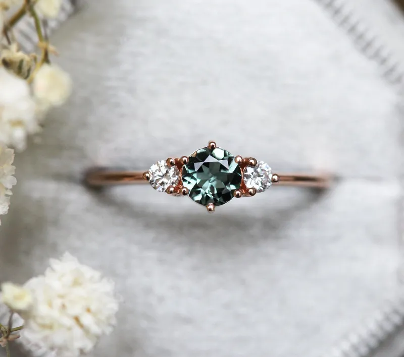 Three-Stone Mint Tourmaline And Diamond Engagement Ring round cut engagement ring
