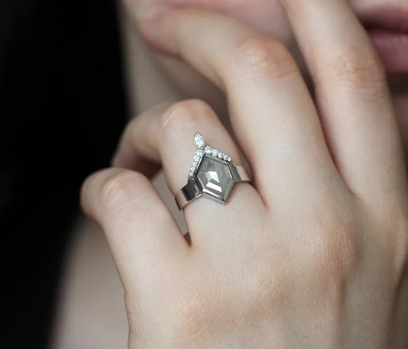 Tiana Hexagon Salt & Pepper Diamond Ring view 3