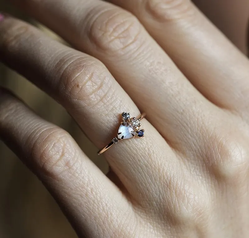 Timber Trillion Moonstone Sapphire Diamond Cluster Ring vy 2