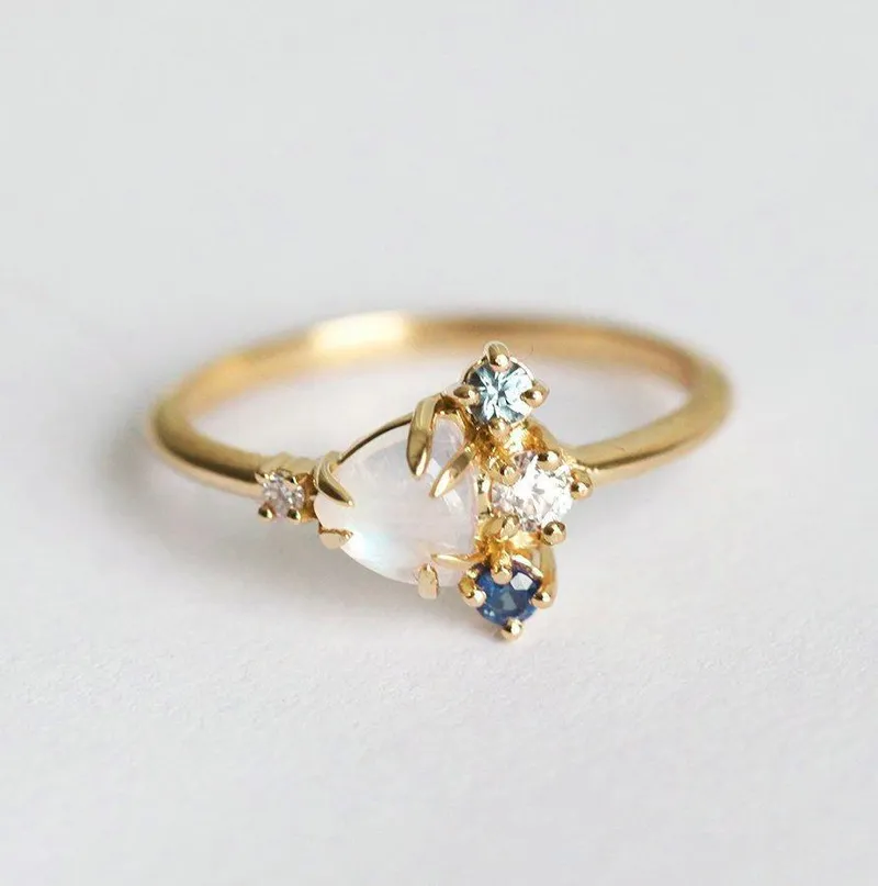 Timber Trillion Moonstone Sapphire Diamond Cluster Ring vy 6
