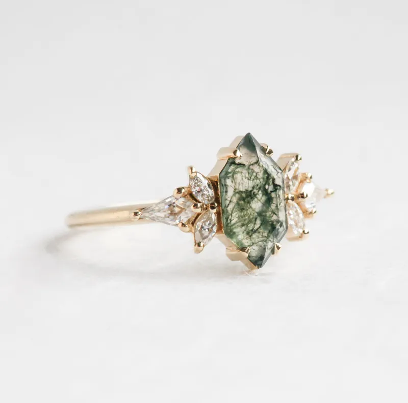 Tori Hexagon Moss Agate Ring With Accent Diamonds vy 2