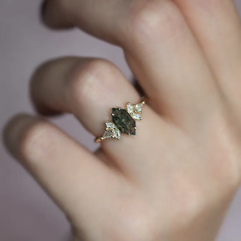 Tori Hexagon Moss Agate Ring With Accent Diamonds vy 4