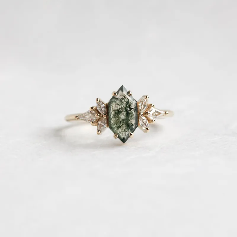 Tori Hexagon Moss Agate Ring With Accent Diamonds vy 5