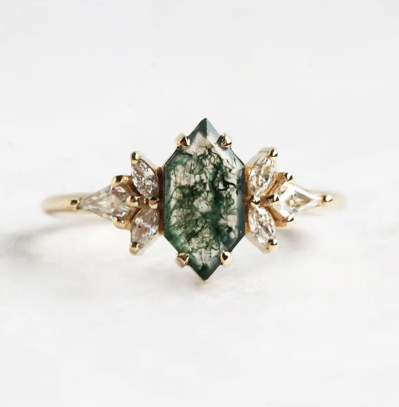 Tori Hexagon Moss Agate Ring With Accent Diamonds green engagement ring