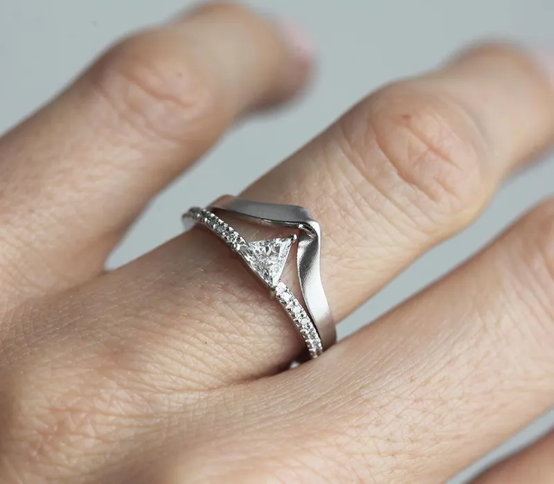 TRIANGLE CUT DIAMOND RING WITH HALF ETERNITY PAVE DIAMONDS view 6