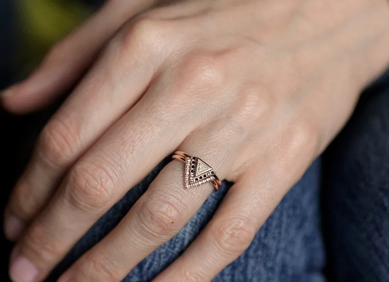Triangle Diamond Engagement Ring, Black Diamond Ring vy 4
