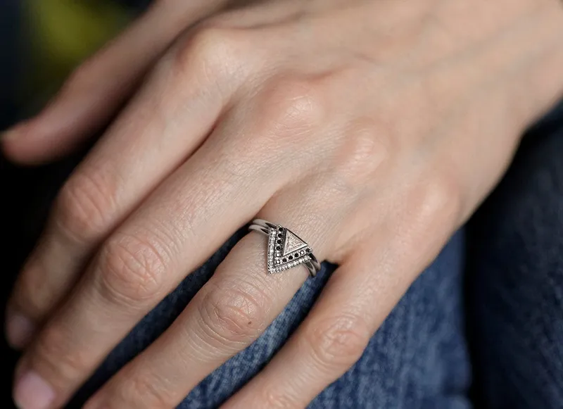 Triangle Diamond Engagement Ring, Black Diamond Ring vy 7