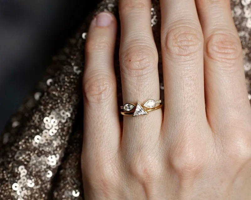 Trillion Diamond Ring Set With Open Pear Matching Diamond Band view 4