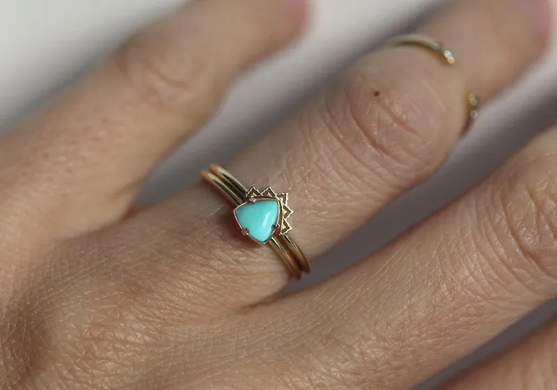 Trillion Turquoise Ring Set With Curved Lace Gold Band view 3