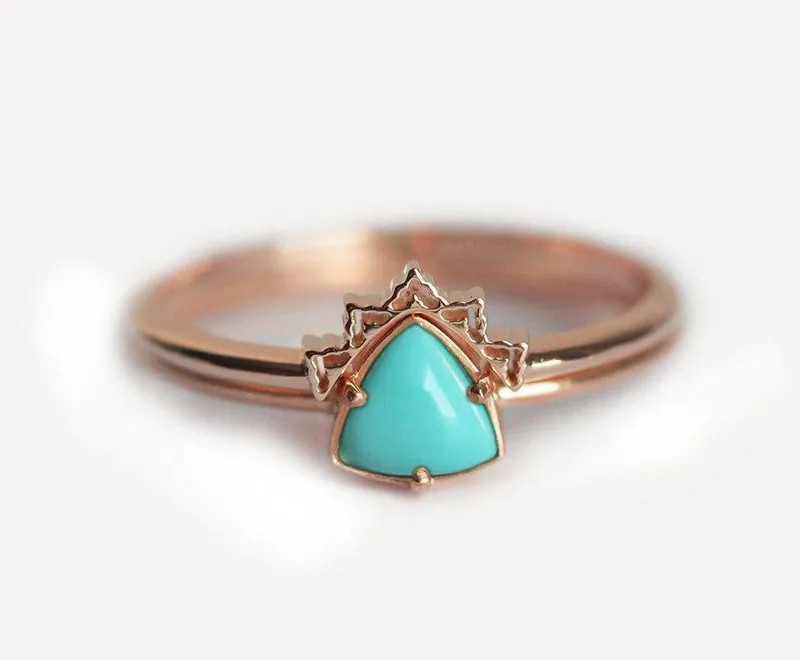 Trillion Turquoise Ring Set With Curved Lace Gold Band view 4