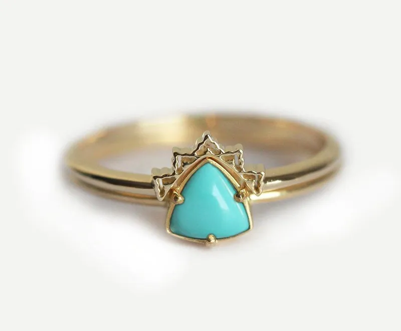 Trillion Turquoise Ring Set With Curved Lace Gold Band engagement ring