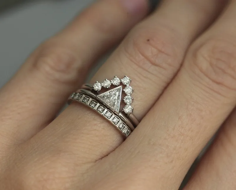 Trillion White Diamond Ring Set With V-Shaped Band view 5