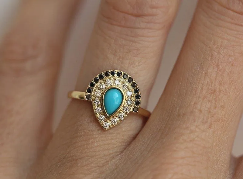 Turquoise Engagement Ring, Bohemian Wedding Ring blue pear cut engagement ring