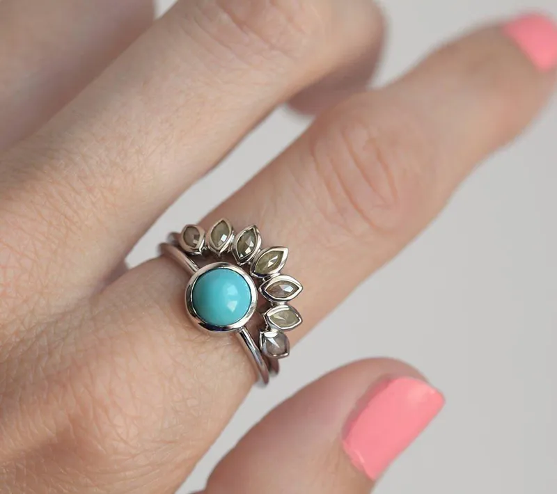 Turquoise Ring Set, Engagement Ring blue round cut engagement ring