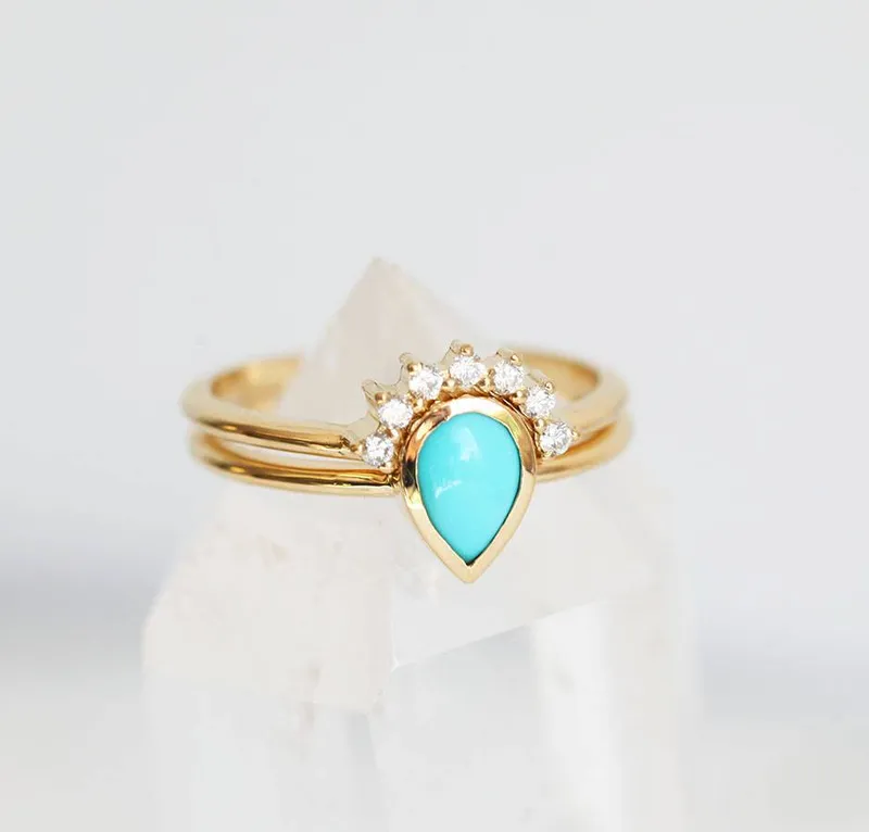 Turquoise Ring, Turquoise Ring Set blue pear cut engagement ring