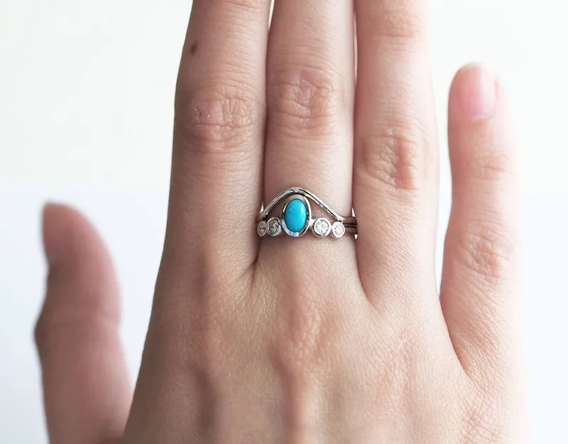 Turquoise And Diamond Wedding Ring Set With Curved Band view 2