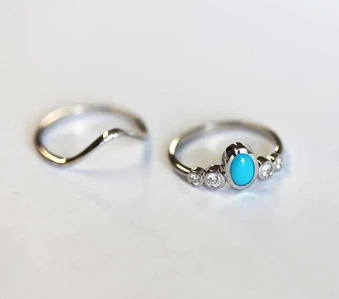 Turquoise And Diamond Wedding Ring Set With Curved Band view 3