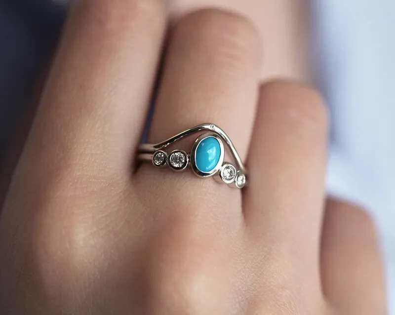 Turquoise And Diamond Wedding Ring Set With Curved Band blue oval cut engagement ring