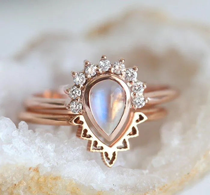 Ulysses Pear Moonstone Diamond Ring Set view 3