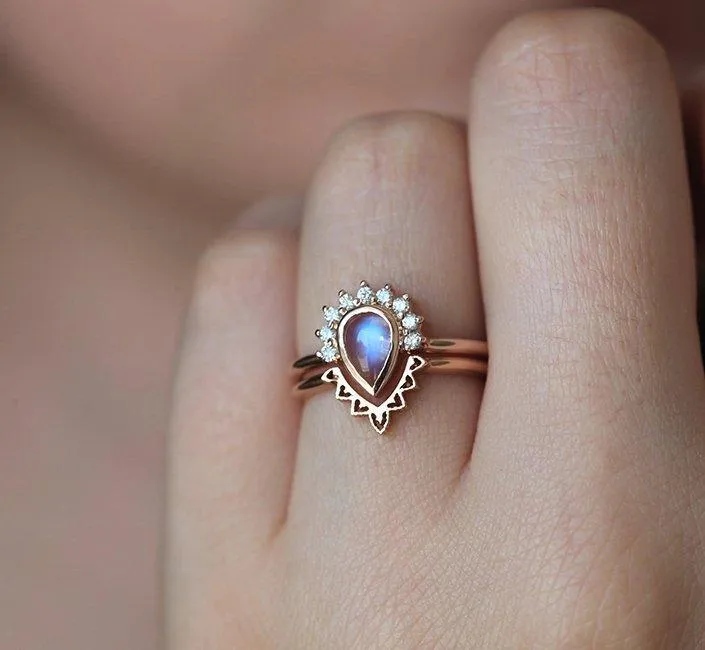 Ulysses Pear Moonstone Diamond Ring Set view 4