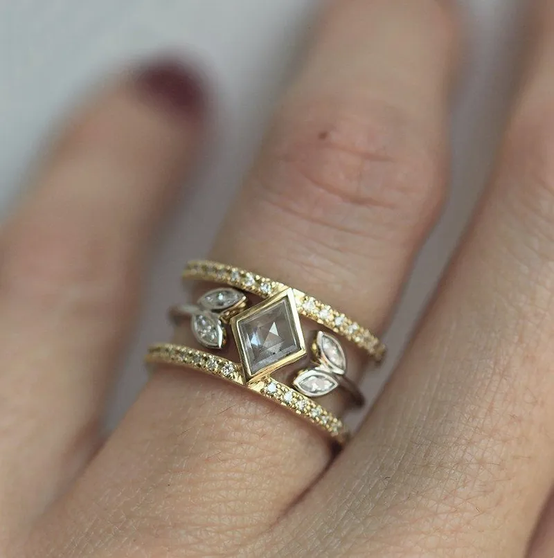 UNIQUE KITE DIAMOND RING SET, DOUBLE GREY MARQUISE OPEN BAND SET vy 2