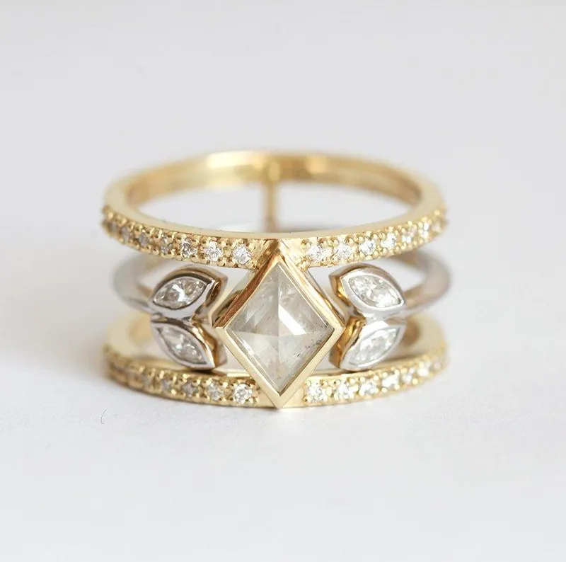UNIQUE KITE DIAMOND RING SET, DOUBLE GREY MARQUISE OPEN BAND SET vy 3