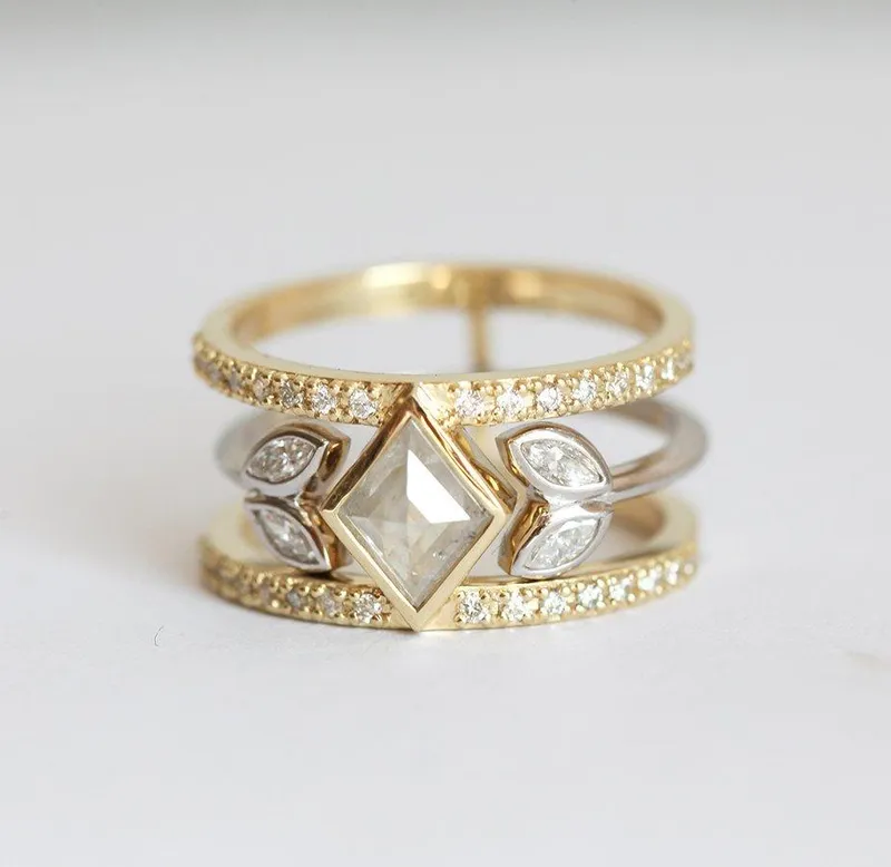 UNIQUE KITE DIAMOND RING SET, DOUBLE GREY MARQUISE OPEN BAND SET vy 4