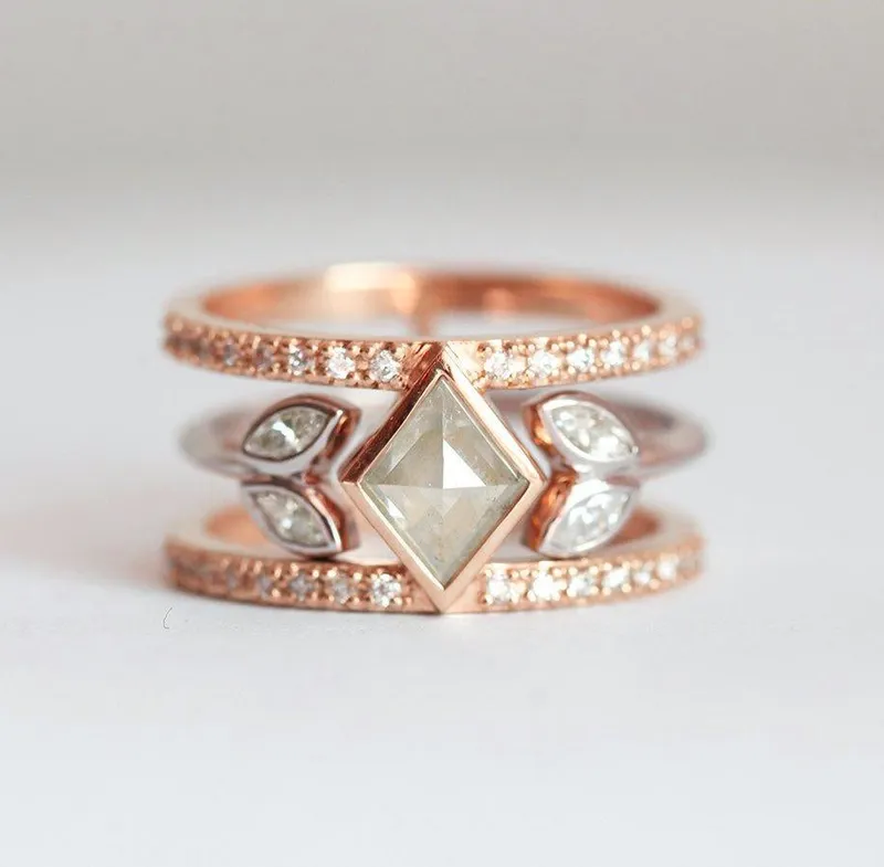 UNIQUE KITE DIAMOND RING SET, DOUBLE GREY MARQUISE OPEN BAND SET vy 5