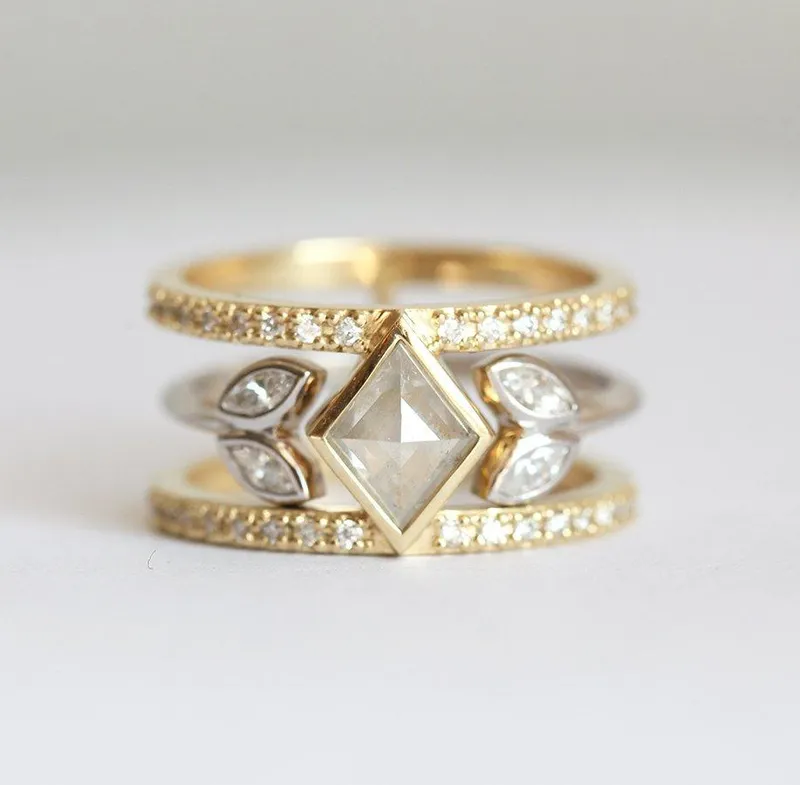 UNIQUE KITE DIAMOND RING SET, DOUBLE GREY MARQUISE OPEN BAND SET diamond engagement ring
