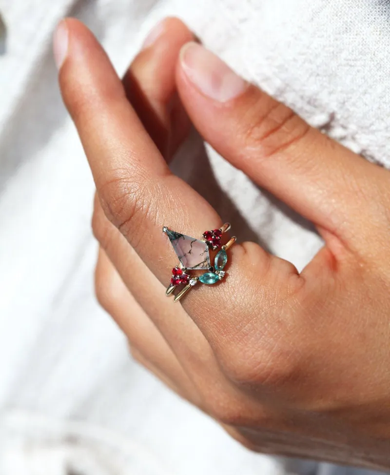 Valentia Kite Moss Agate Ring Set vy 2