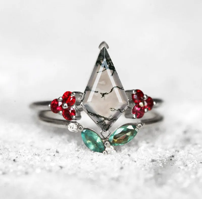 Valentia Kite Moss Agate Ring Set vy 9