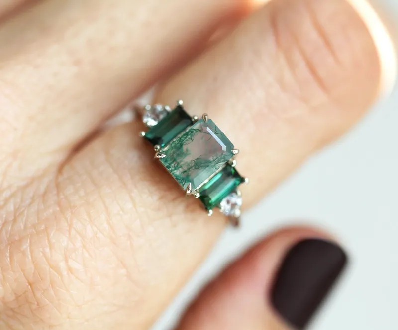 Victoria Emerald Cut Moss Agate Ring with Accent Stones view 2
