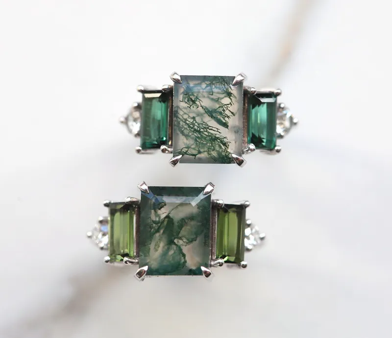 Victoria Emerald Cut Moss Agate Ring with Accent Stones view 3