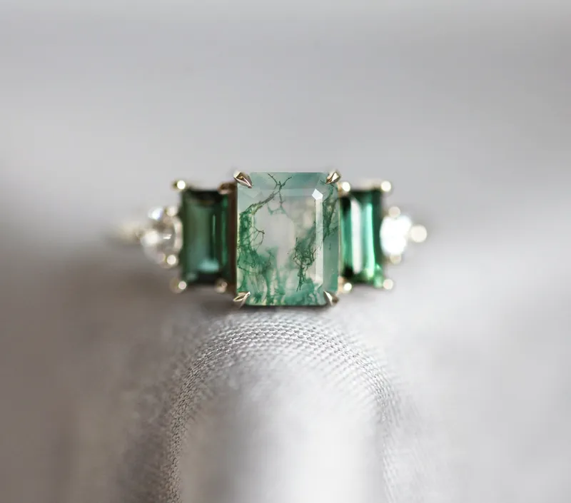 Victoria Emerald Cut Moss Agate Ring with Accent Stones view 4