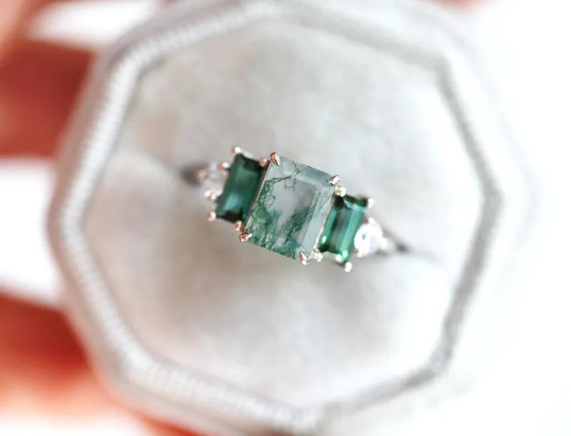 Victoria Emerald Cut Moss Agate Ring with Accent Stones view 5