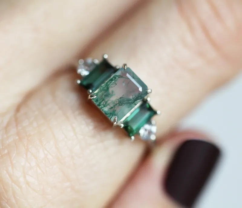 Victoria Emerald Cut Moss Agate Ring with Accent Stones view 6