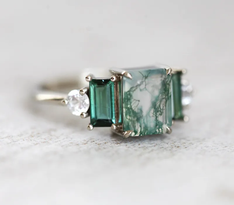 Victoria Emerald Cut Moss Agate Ring with Accent Stones view 7