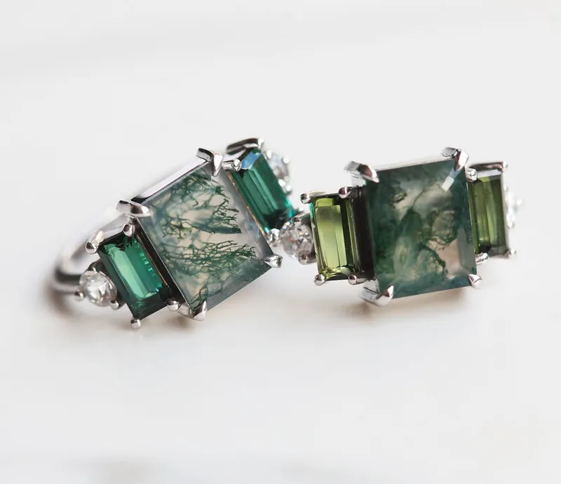 Victoria Emerald Cut Moss Agate Ring with Accent Stones view 8