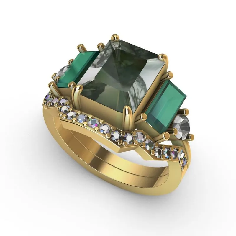 Victoria Emerald Cut Moss Agate Ring with Accent Stones view 9